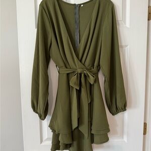 Elegant Olive Long Sleeve Wrap Dress